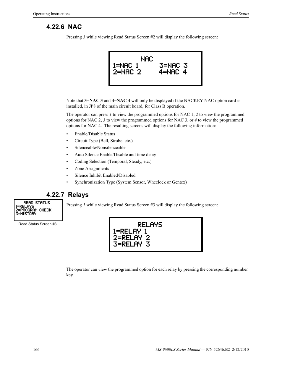 6 nac, 7 relays, Nac 4.22.7: relays | Fire-Lite MS-9600LSC Addressable Fire Alarm Control Panel User Manual | Page 166 / 208