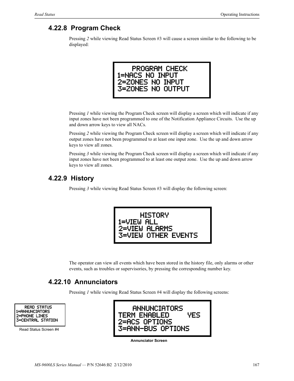8 program check, 9 history, 10 annunciators | Fire-Lite MS-9600LSC Addressable Fire Alarm Control Panel User Manual | Page 167 / 208