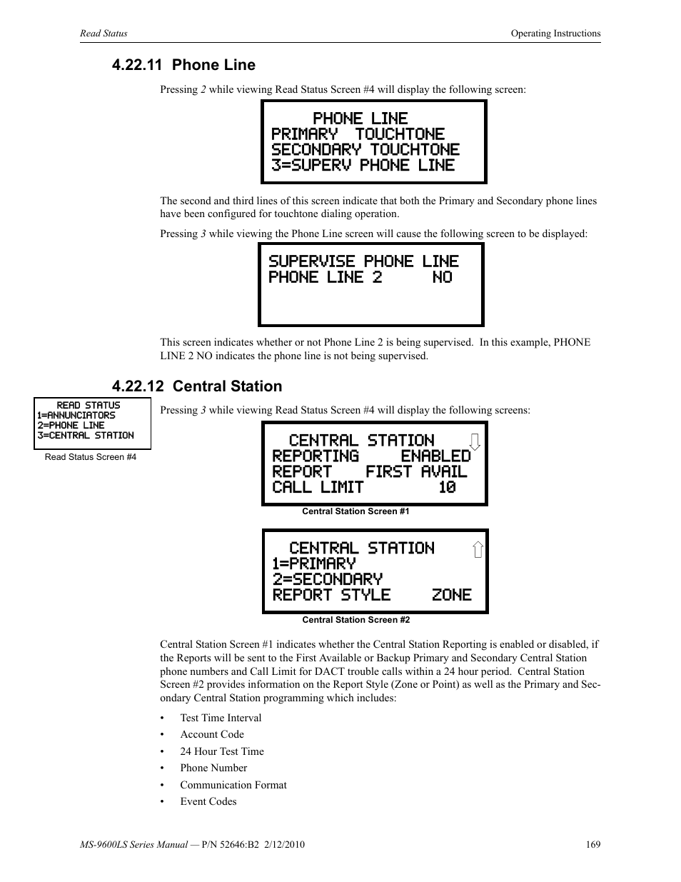 11 phone line, 12 central station, Phone line 4.22.12: central station | Fire-Lite MS-9600LSC Addressable Fire Alarm Control Panel User Manual | Page 169 / 208