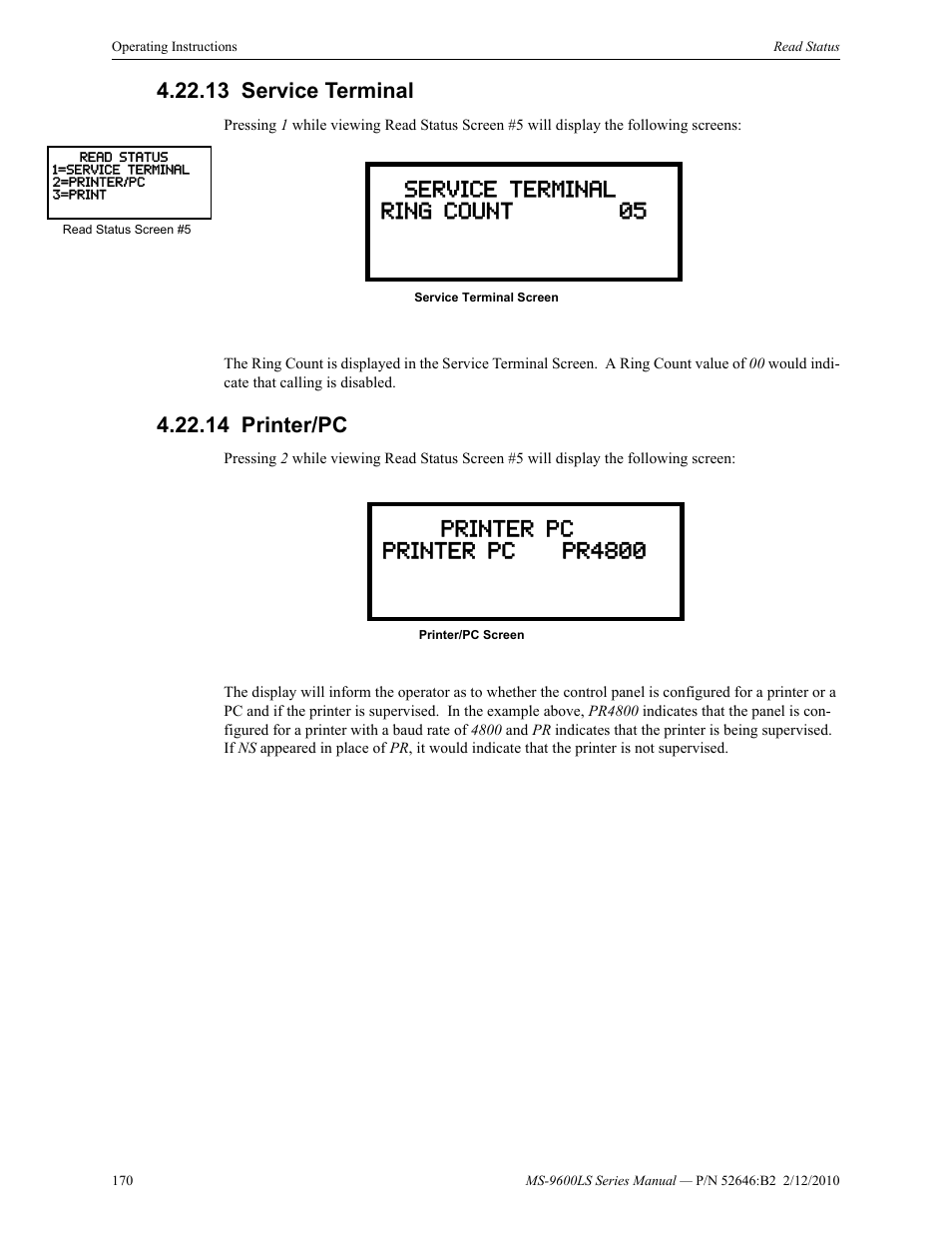 13 service terminal, 14 printer/pc, Service terminal 4.22.14: printer/pc | Fire-Lite MS-9600LSC Addressable Fire Alarm Control Panel User Manual | Page 170 / 208