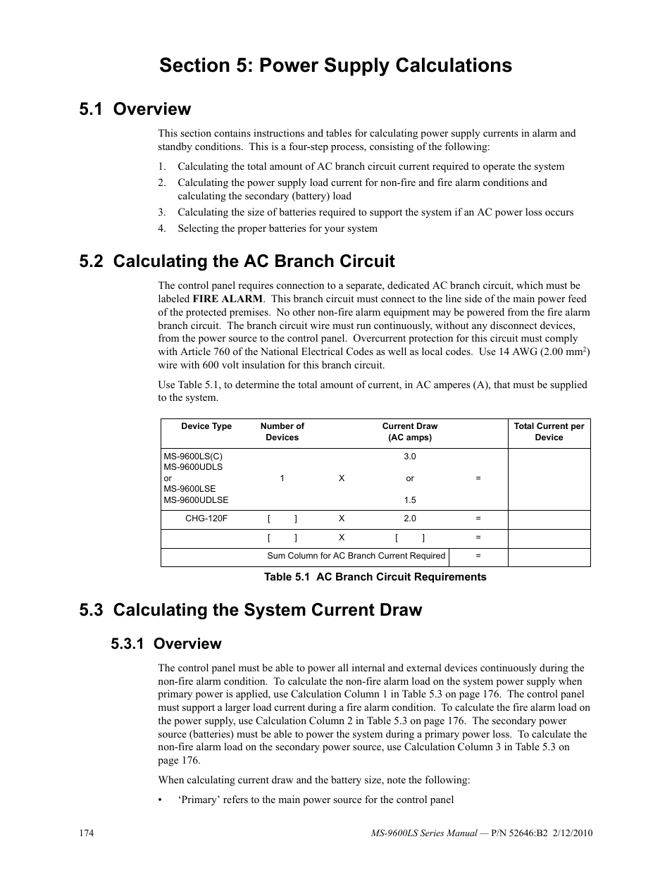 Section 5: power supply calculations, 1 overview, 2 calculating the ac branch circuit | 3 calculating the system current draw, Overview | Fire-Lite MS-9600LSC Addressable Fire Alarm Control Panel User Manual | Page 174 / 208