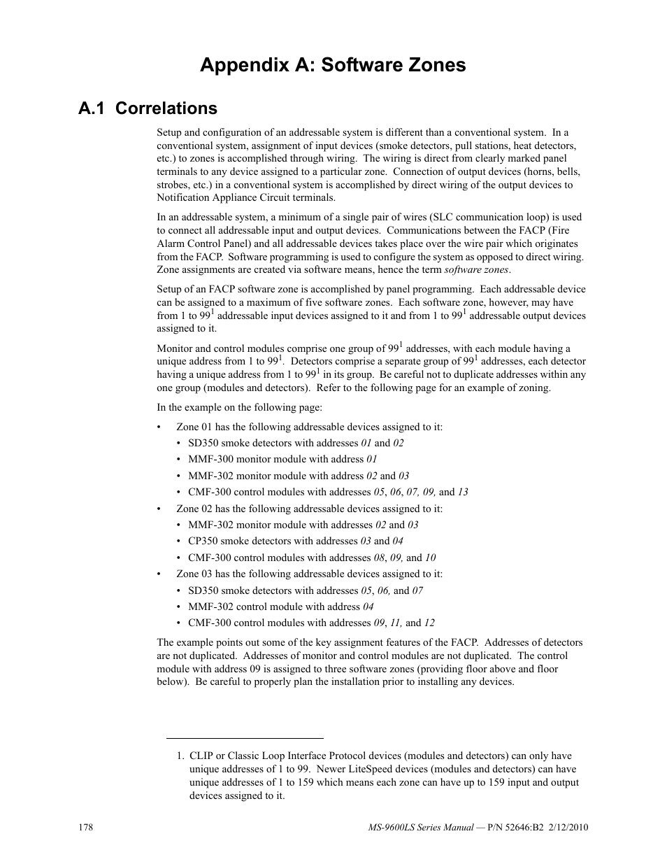 Appendix a: software zones, A.1 correlations, A.1: correlations | Fire-Lite MS-9600LSC Addressable Fire Alarm Control Panel User Manual | Page 178 / 208