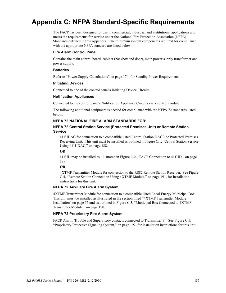 Appendix c: nfpa standard-specific requirements | Fire-Lite MS-9600LSC Addressable Fire Alarm Control Panel User Manual | Page 187 / 208