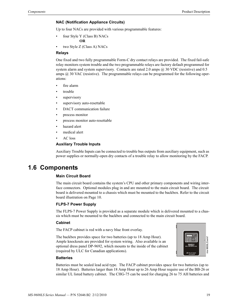 6 components, Components | Fire-Lite MS-9600LSC Addressable Fire Alarm Control Panel User Manual | Page 19 / 208