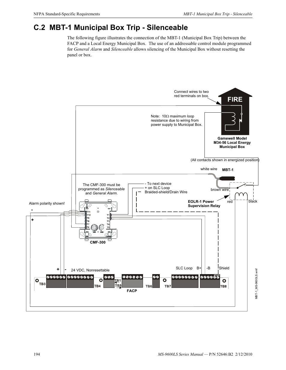 C.2 mbt-1 municipal box trip - silenceable, C.2: mbt-1 municipal box trip - silenceable | Fire-Lite MS-9600LSC Addressable Fire Alarm Control Panel User Manual | Page 194 / 208
