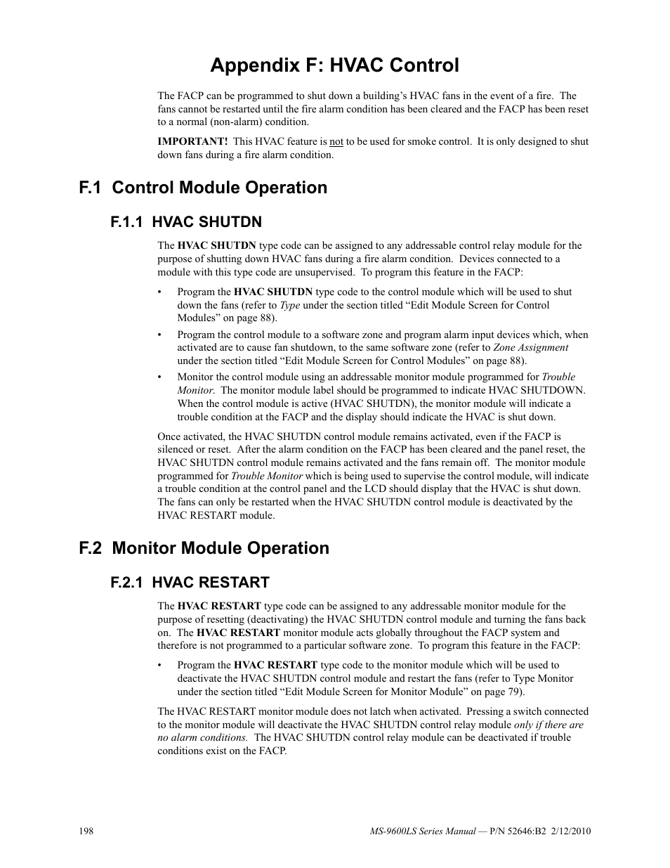 Appendix f: hvac control, F.1 control module operation, F.1.1 hvac shutdn | F.2 monitor module operation, F.2.1 hvac restart, F.1: control module operation, F.1.1: hvac shutdn, F.2: monitor module operation, F.2.1: hvac restart, To “monitor module | Fire-Lite MS-9600LSC Addressable Fire Alarm Control Panel User Manual | Page 198 / 208