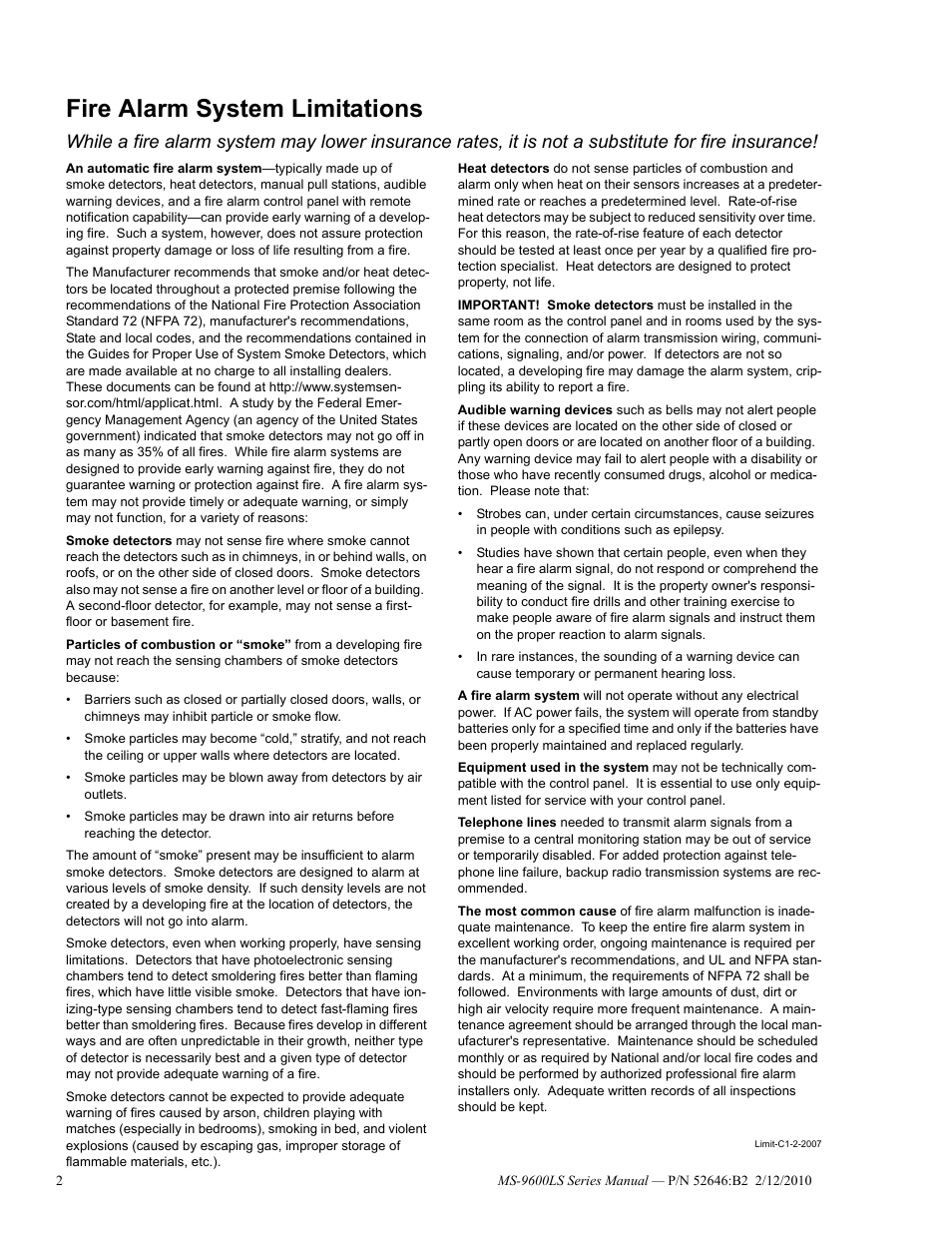 Fire alarm system limitations | Fire-Lite MS-9600LSC Addressable Fire Alarm Control Panel User Manual | Page 2 / 208