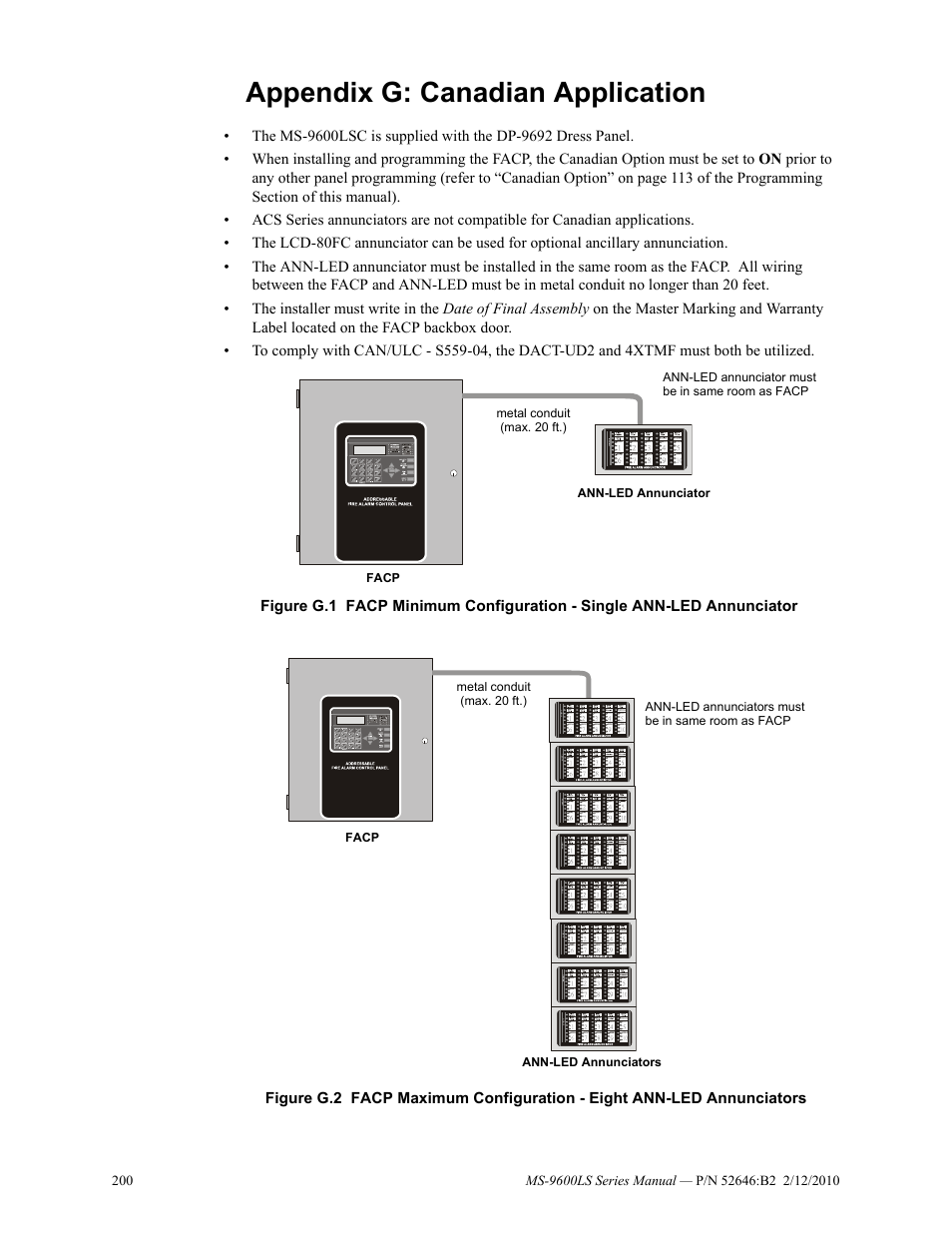 Appendix g: canadian application | Fire-Lite MS-9600LSC Addressable Fire Alarm Control Panel User Manual | Page 200 / 208
