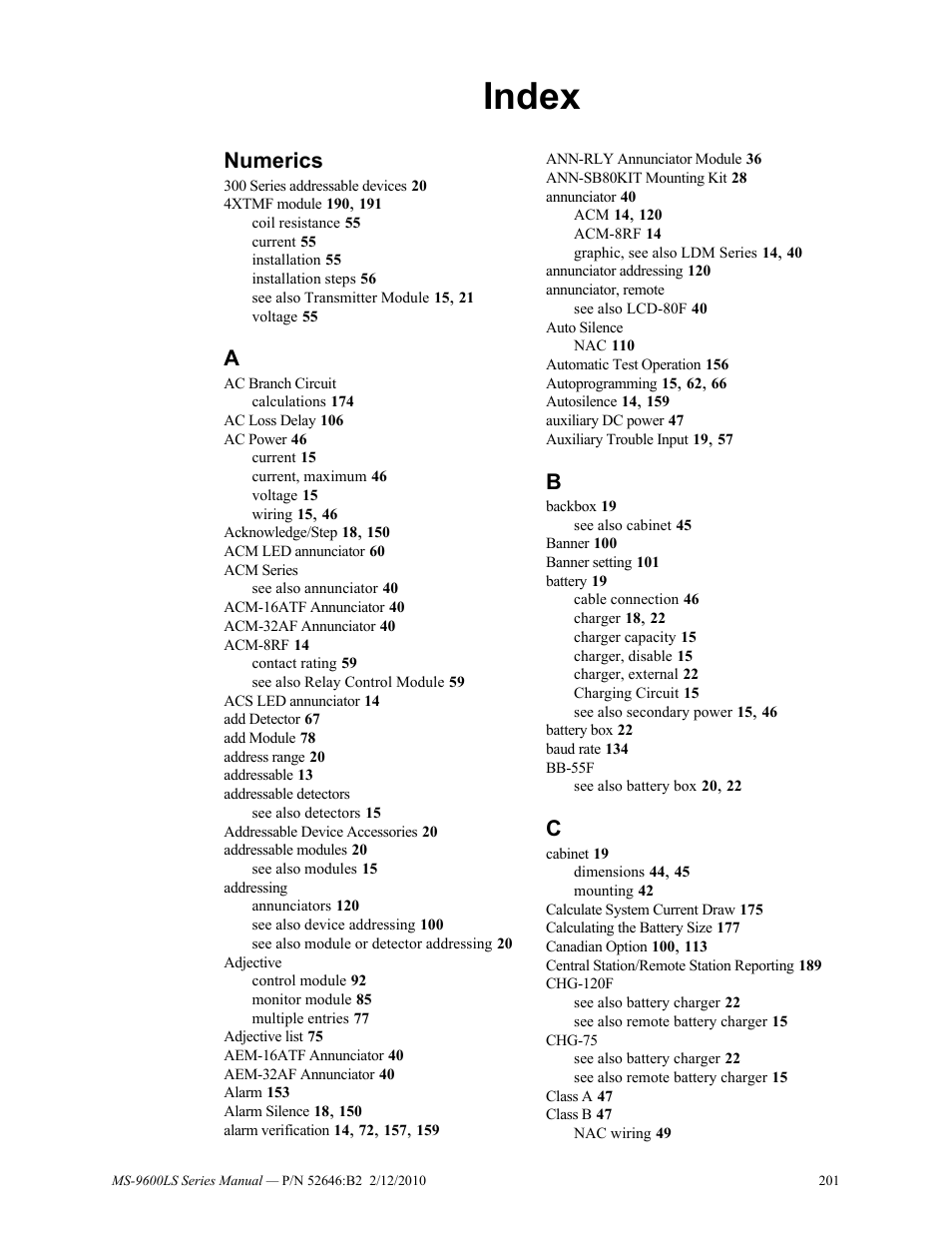Index, Numerics | Fire-Lite MS-9600LSC Addressable Fire Alarm Control Panel User Manual | Page 201 / 208