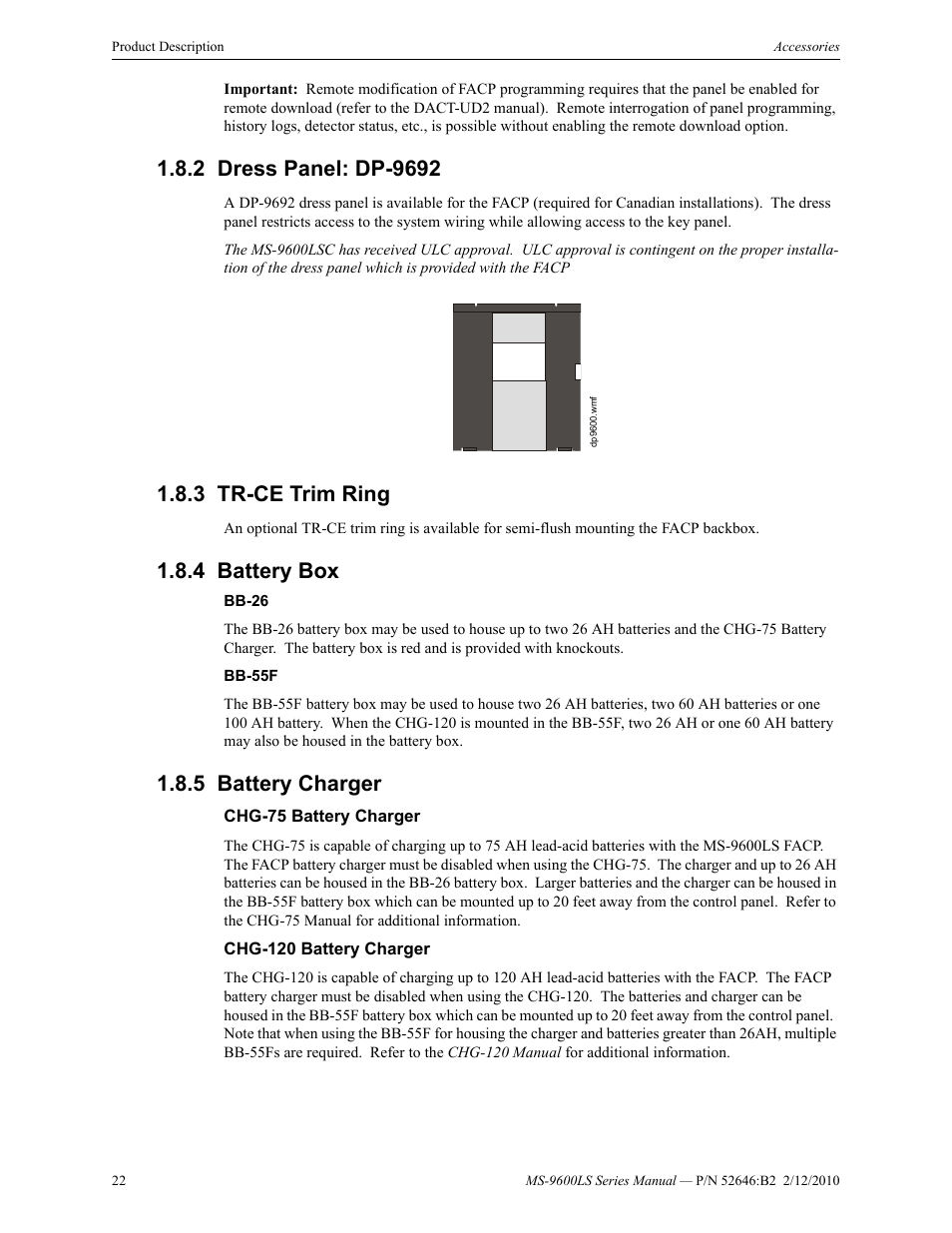 2 dress panel: dp-9692, 3 tr-ce trim ring, 4 battery box | 5 battery charger, Chg-75 battery charger, Chg-120 battery charger, Chg-75 battery charger chg-120 battery charger | Fire-Lite MS-9600LSC Addressable Fire Alarm Control Panel User Manual | Page 22 / 208