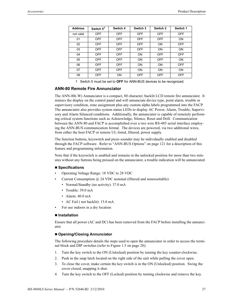 Ann-80 remote fire annunciator | Fire-Lite MS-9600LSC Addressable Fire Alarm Control Panel User Manual | Page 27 / 208