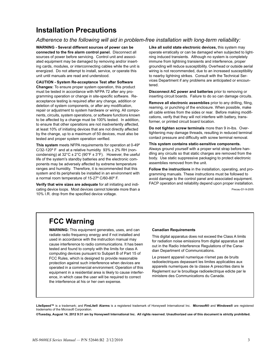 Installation precautions, Fcc warning | Fire-Lite MS-9600LSC Addressable Fire Alarm Control Panel User Manual | Page 3 / 208