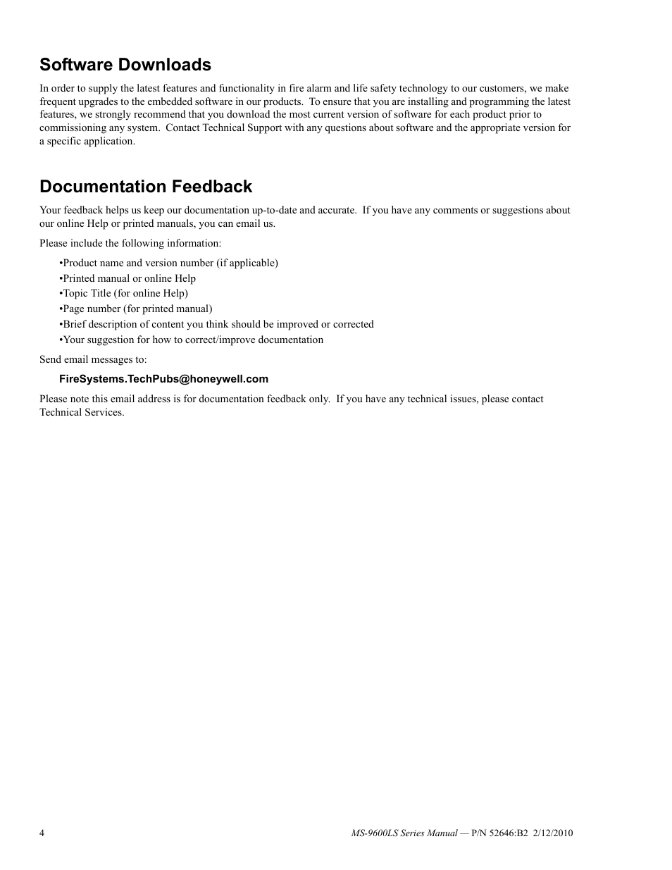 Software downloads, Documentation feedback | Fire-Lite MS-9600LSC Addressable Fire Alarm Control Panel User Manual | Page 4 / 208