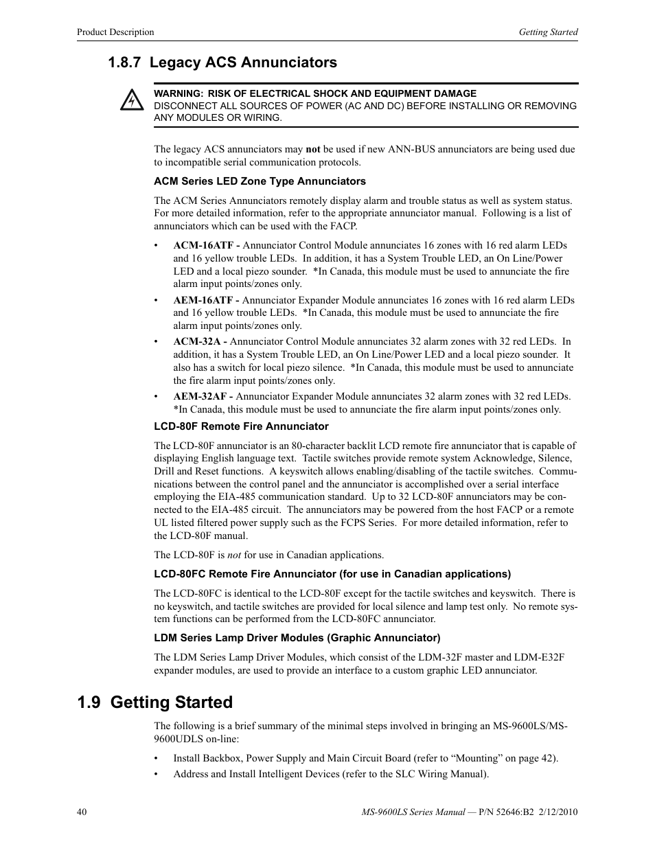 7 legacy acs annunciators, 9 getting started, Legacy acs annunciators | Getting started | Fire-Lite MS-9600LSC Addressable Fire Alarm Control Panel User Manual | Page 40 / 208