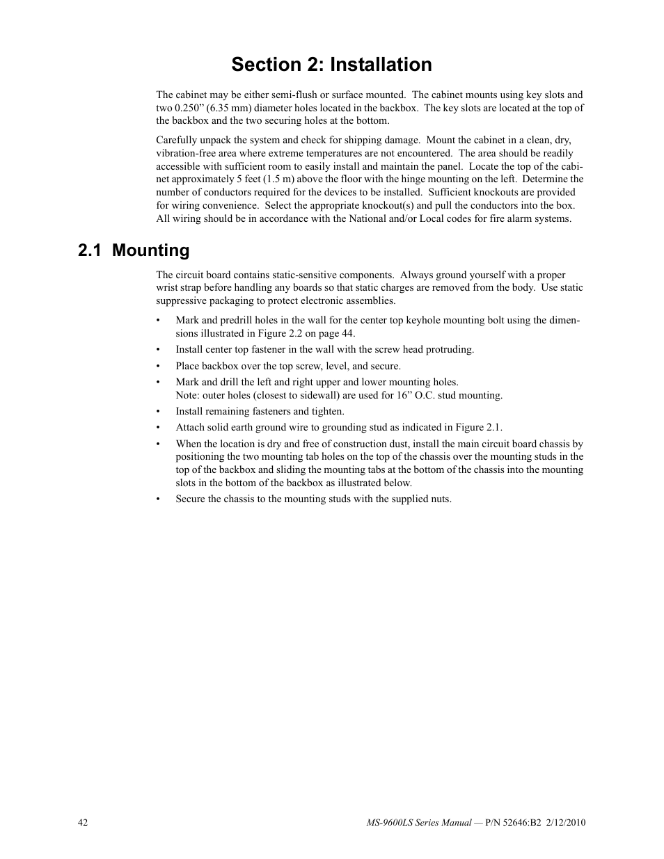 Section 2: installation, 1 mounting, Mounting | Fire-Lite MS-9600LSC Addressable Fire Alarm Control Panel User Manual | Page 42 / 208