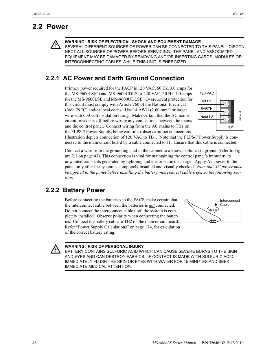 2 power, 1 ac power and earth ground connection, 2 battery power | Power, Ac power and, Earth ground, Connection” on | Fire-Lite MS-9600LSC Addressable Fire Alarm Control Panel User Manual | Page 46 / 208