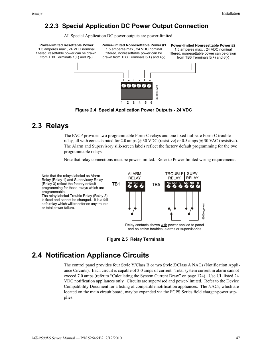 3 special application dc power output connection, 3 relays, 4 notification appliance circuits | Special application dc power output connection, Relays 2.4: notification appliance circuits | Fire-Lite MS-9600LSC Addressable Fire Alarm Control Panel User Manual | Page 47 / 208