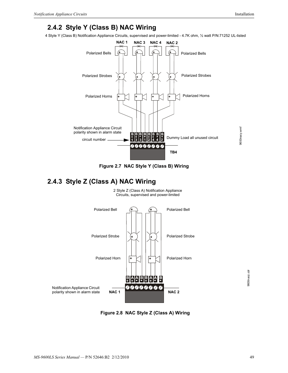 2 style y (class b) nac wiring, 3 style z (class a) nac wiring | Fire-Lite MS-9600LSC Addressable Fire Alarm Control Panel User Manual | Page 49 / 208