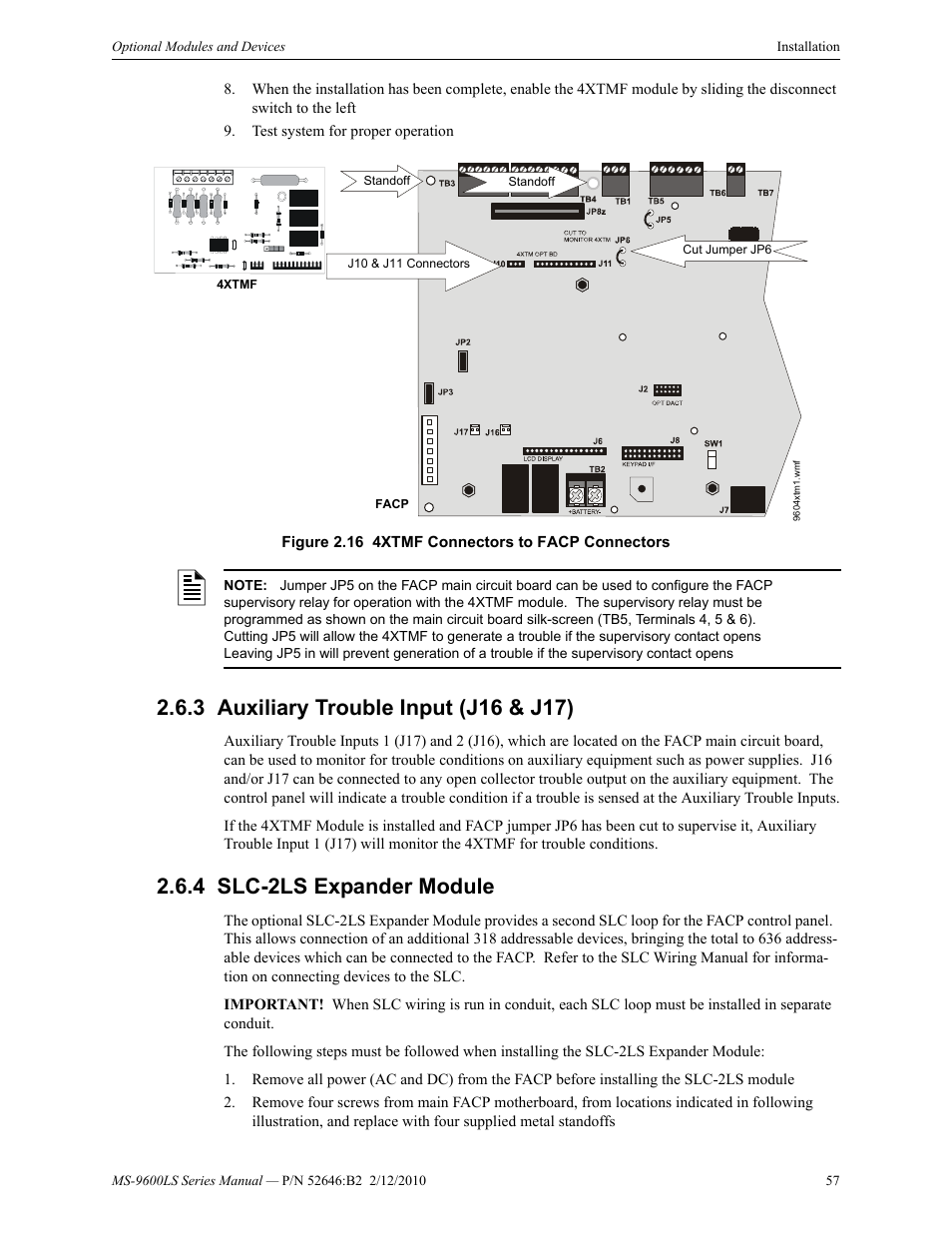 3 auxiliary trouble input (j16 & j17), 4 slc-2ls expander module | Fire-Lite MS-9600LSC Addressable Fire Alarm Control Panel User Manual | Page 57 / 208