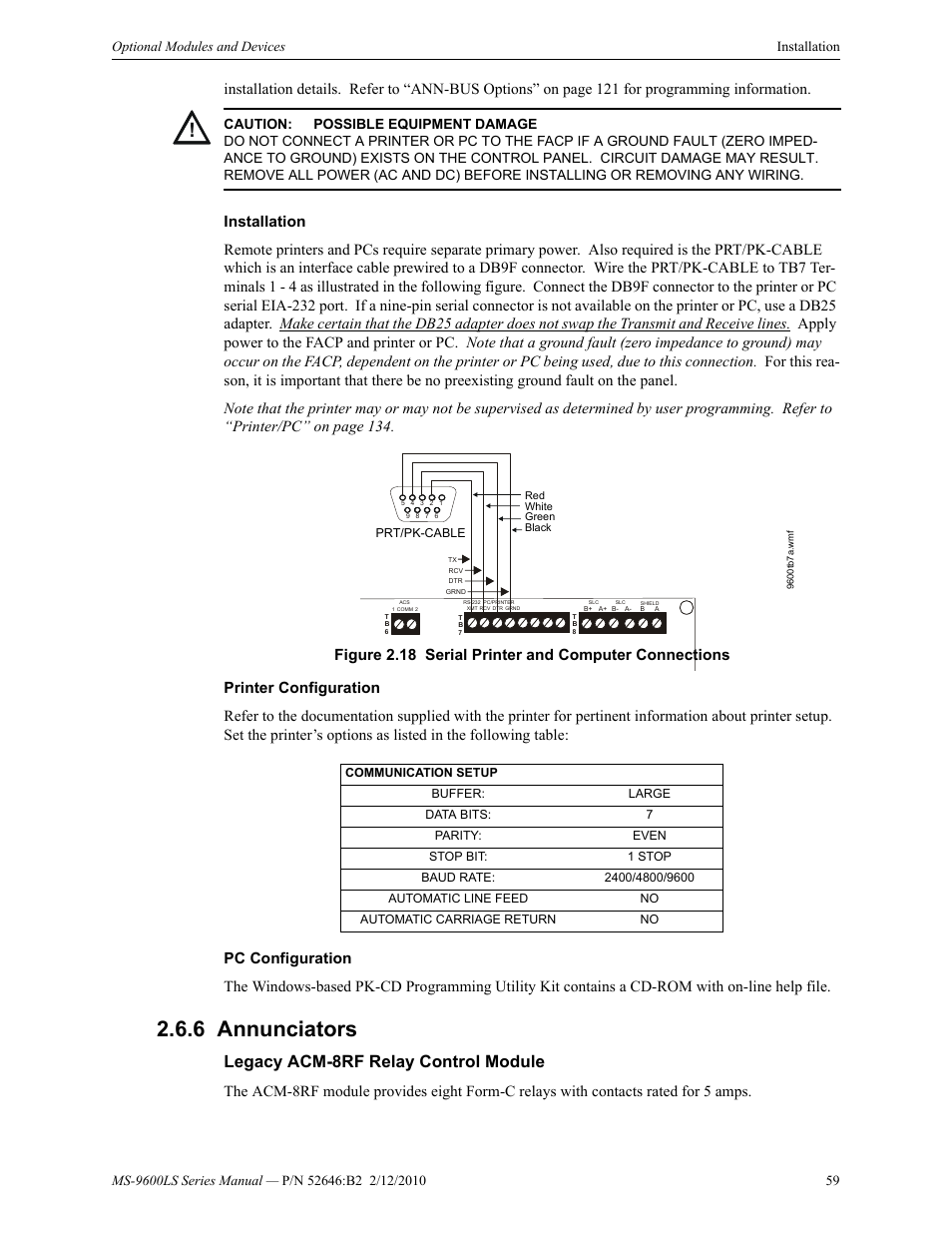 6 annunciators, Legacy acm-8rf relay control module, Annunciators | Fire-Lite MS-9600LSC Addressable Fire Alarm Control Panel User Manual | Page 59 / 208