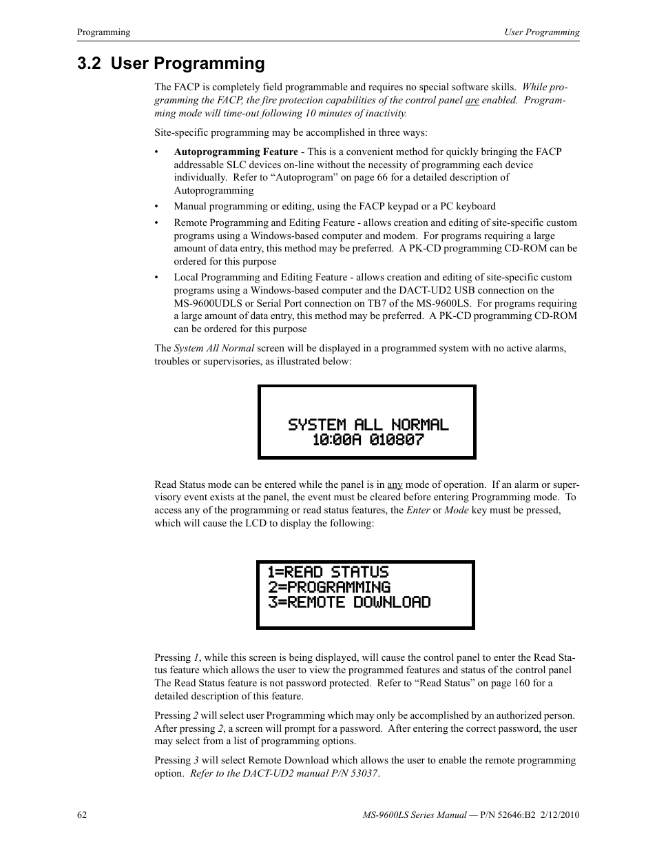 2 user programming, User programming | Fire-Lite MS-9600LSC Addressable Fire Alarm Control Panel User Manual | Page 62 / 208