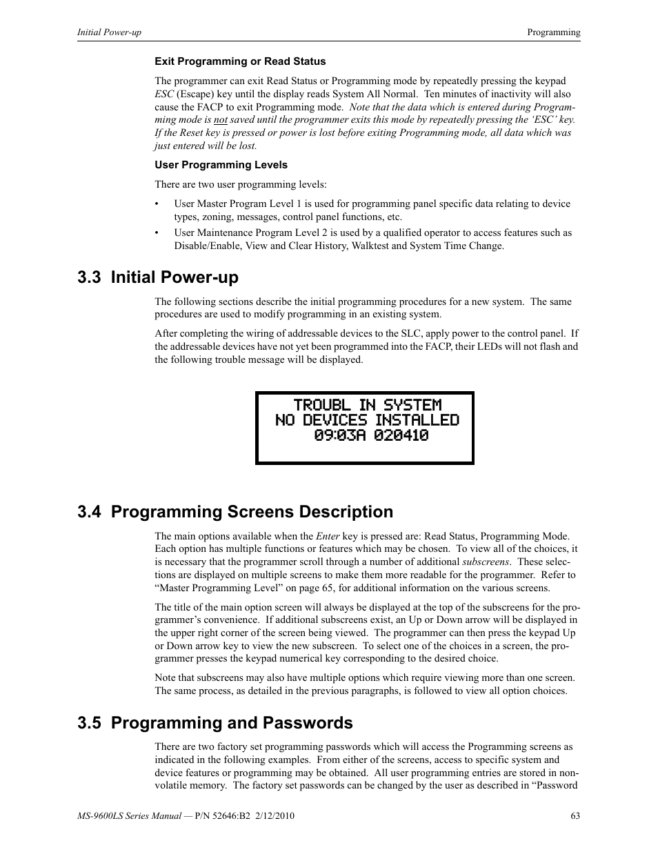 3 initial power-up, 4 programming screens description, 5 programming and passwords | Fire-Lite MS-9600LSC Addressable Fire Alarm Control Panel User Manual | Page 63 / 208