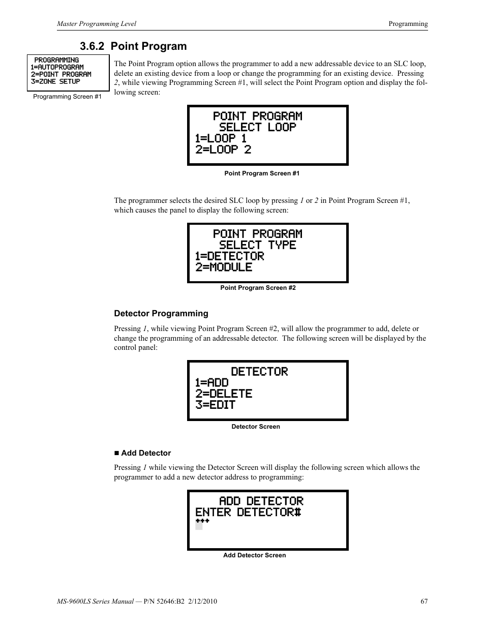 2 point program, Detector programming, Point program | Fire-Lite MS-9600LSC Addressable Fire Alarm Control Panel User Manual | Page 67 / 208