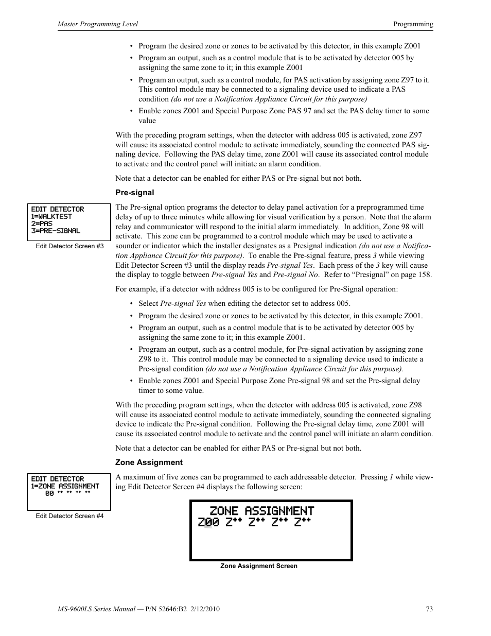 Zone assignment z00 z** z** z** z | Fire-Lite MS-9600LSC Addressable Fire Alarm Control Panel User Manual | Page 73 / 208