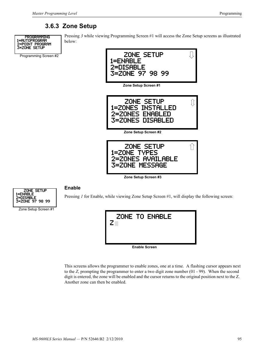 3 zone setup, Enable, Zone setup | Fire-Lite MS-9600LSC Addressable Fire Alarm Control Panel User Manual | Page 95 / 208