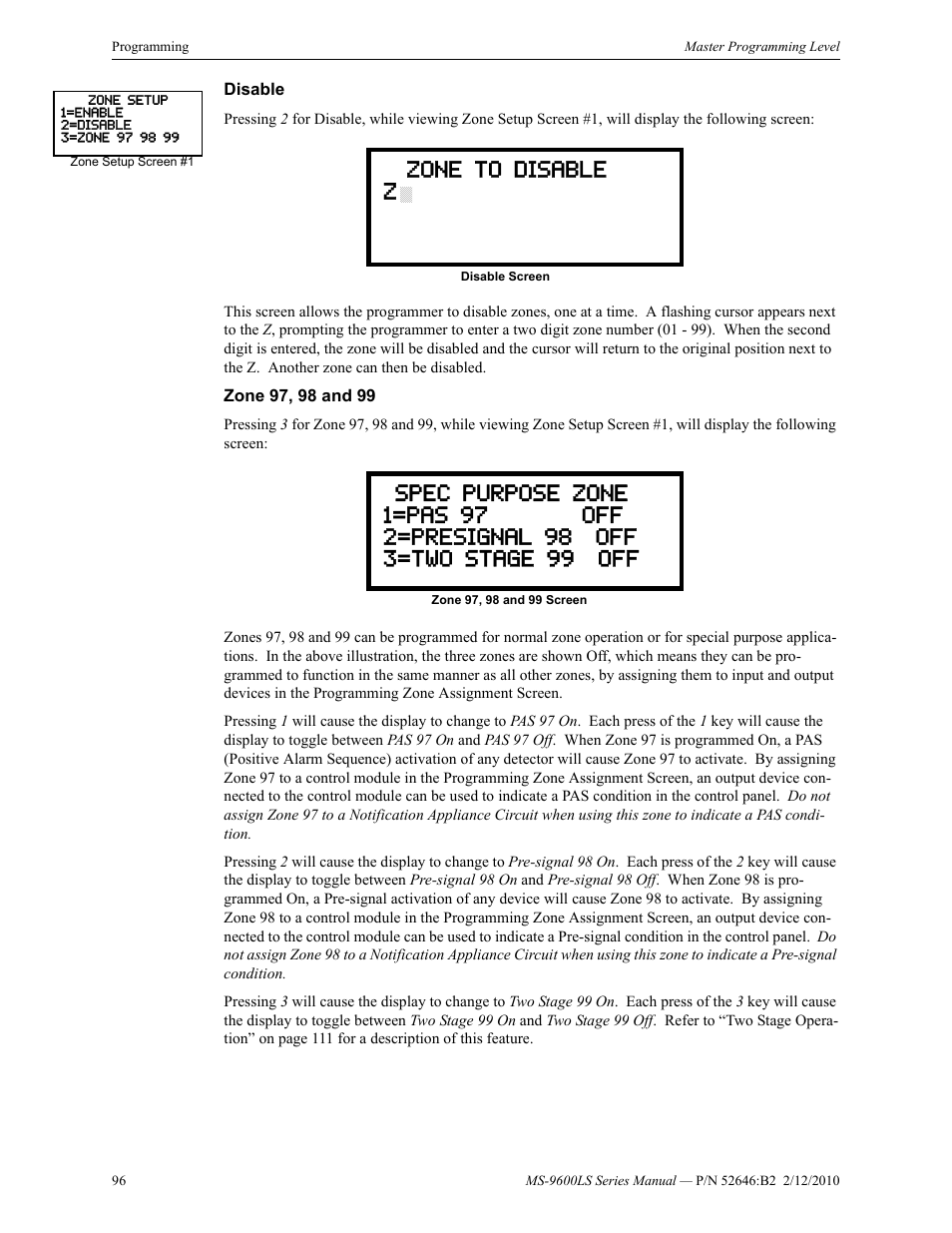Disable, Zone 97, 98 and 99, Disable zone 97, 98 and 99 | Fire-Lite MS-9600LSC Addressable Fire Alarm Control Panel User Manual | Page 96 / 208