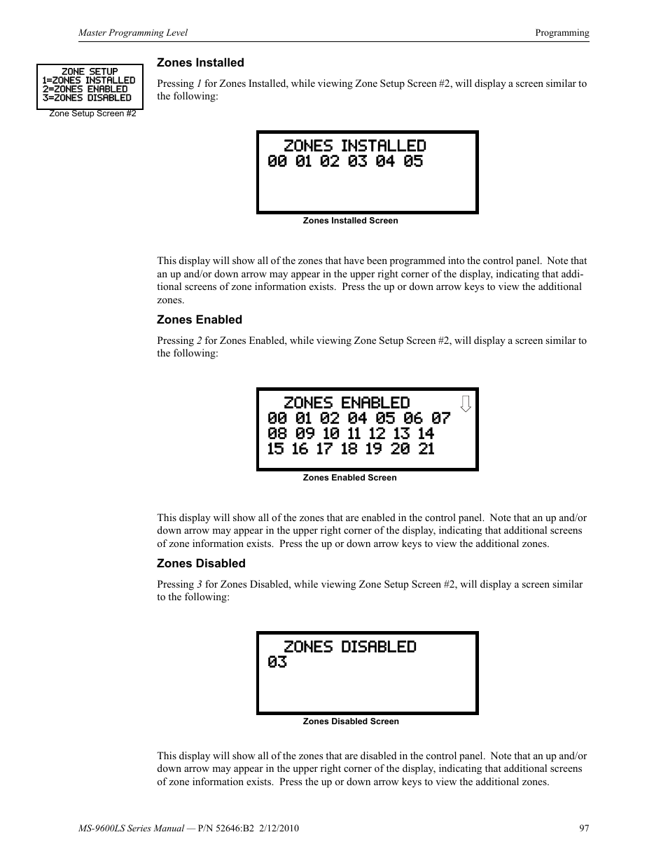 Zones installed, Zones enabled, Zones disabled | Zones installed zones enabled zones disabled | Fire-Lite MS-9600LSC Addressable Fire Alarm Control Panel User Manual | Page 97 / 208