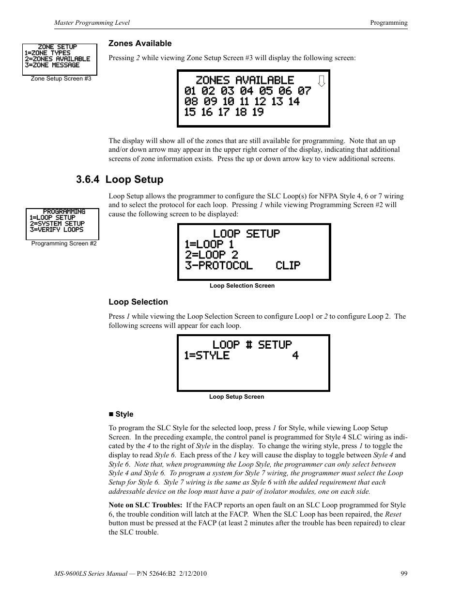 Zones available, 4 loop setup, Loop selection | Loop setup, Loop # setup 1=style 4 | Fire-Lite MS-9600LSC Addressable Fire Alarm Control Panel User Manual | Page 99 / 208