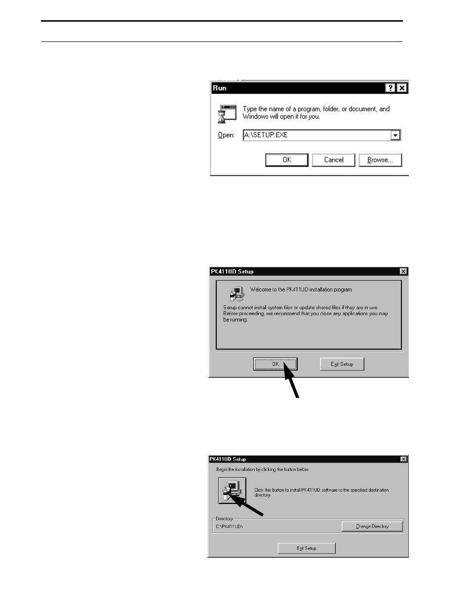 Figure 2-3: windows® 95 dialog box, 2 pk-411ud installation prompts, Figure 2-4: installation to hard drive | Figure 2-5: installation path | Fire-Lite P K-411UD Windows-Based Off-Line Programming Utility User Manual | Page 12 / 68