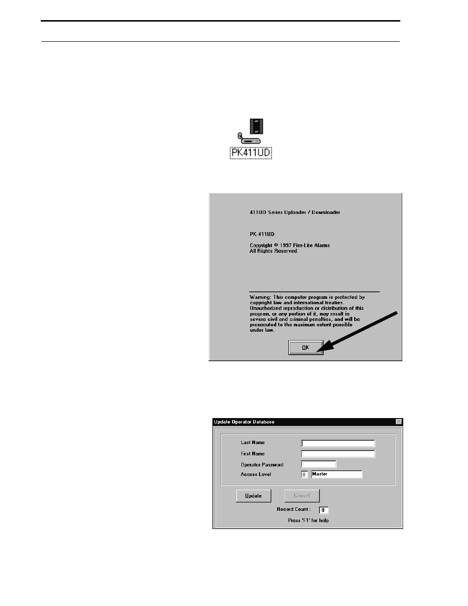 Chapter 3 user interface, Figure 3-1: pk-411ud icon, Figure 3-2: copyright window | 1 initial use of pk-411ud, Figure 3-3: initialization window, User interface | Fire-Lite P K-411UD Windows-Based Off-Line Programming Utility User Manual | Page 14 / 68