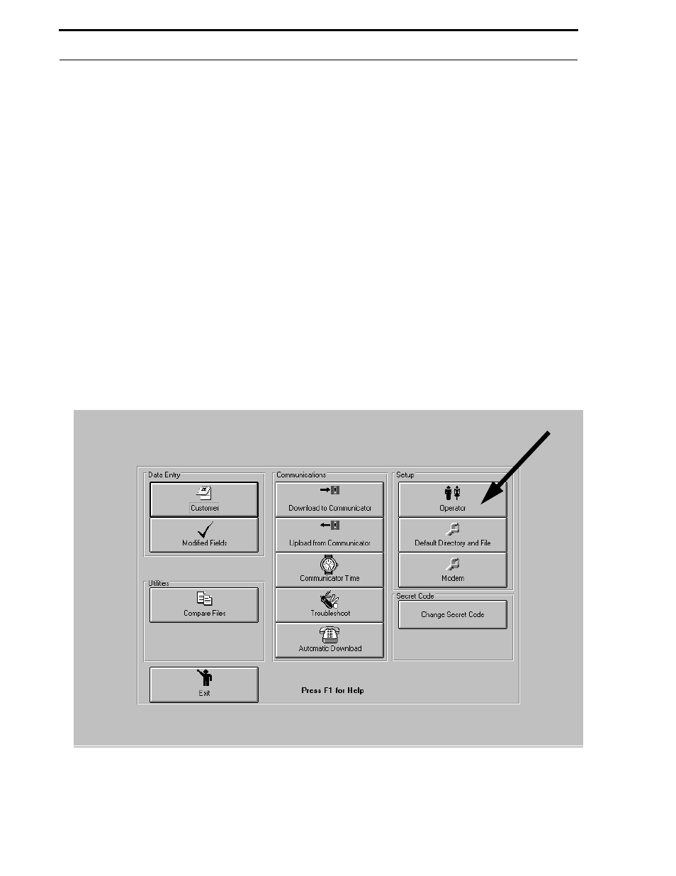 Chapter 4 setup, 1 operator, Figure 4-1: main menu - operator setup | Setup | Fire-Lite P K-411UD Windows-Based Off-Line Programming Utility User Manual | Page 16 / 68
