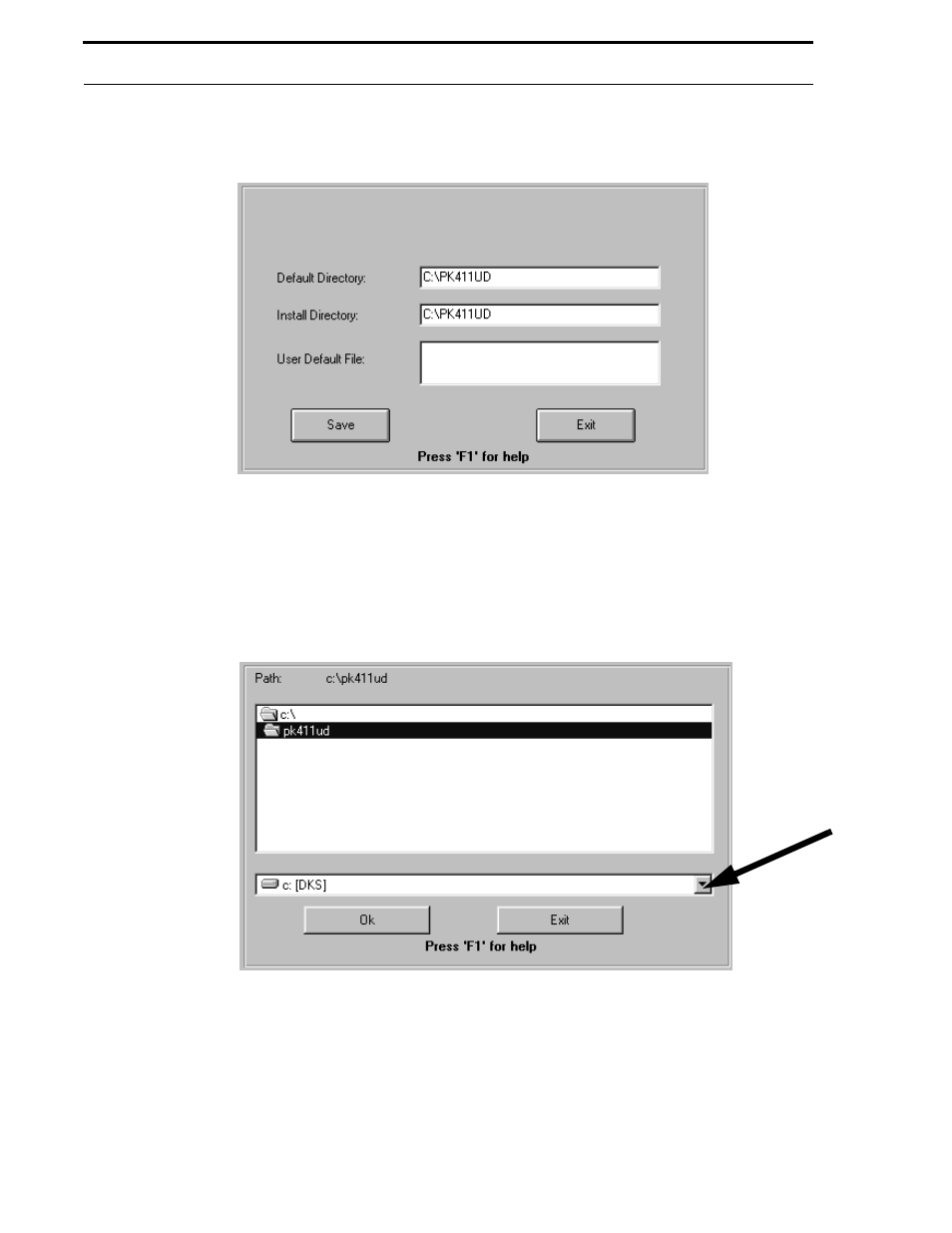 Figure 4-5: default selections, 1 default directory, Figure 4-6: path locator | 2 install directory | Fire-Lite P K-411UD Windows-Based Off-Line Programming Utility User Manual | Page 19 / 68