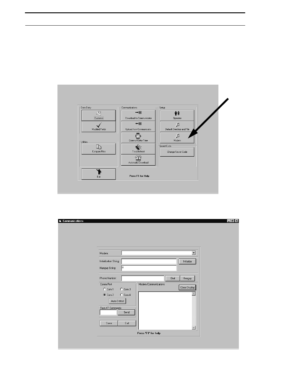 3 modem, Figure 4-8: main menu - configure modem, Figure 4-9: configure modem | Fire-Lite P K-411UD Windows-Based Off-Line Programming Utility User Manual | Page 21 / 68