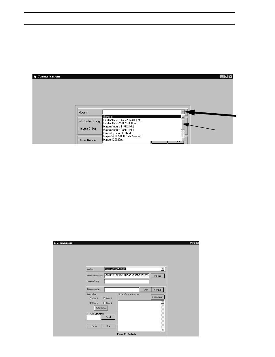 1 modem, Figure 4-10: modem selection, 2 initialization string | Figure 4-11: initialization string | Fire-Lite P K-411UD Windows-Based Off-Line Programming Utility User Manual | Page 22 / 68