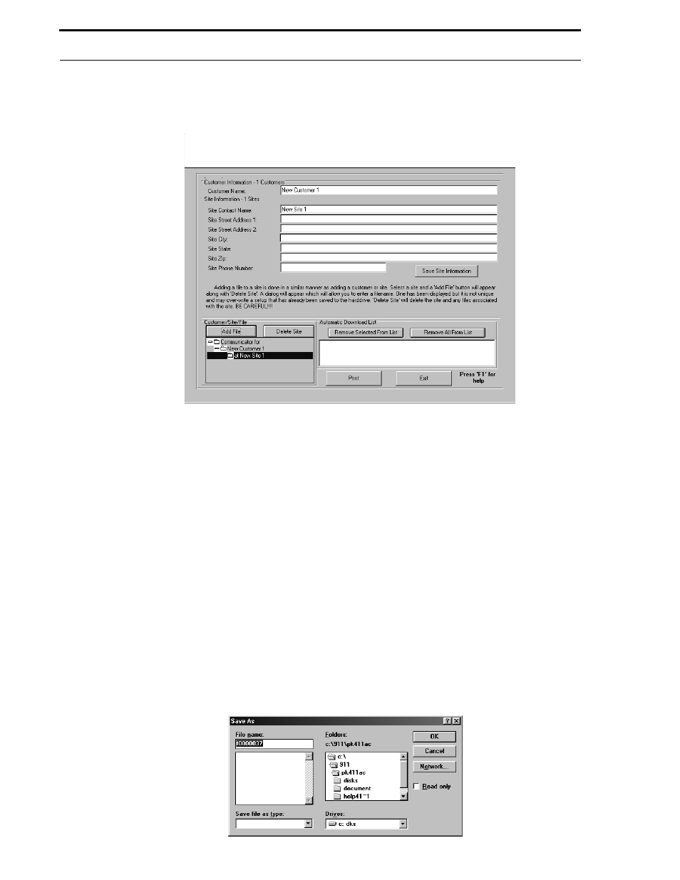 2 add customer site information to database, Figure 5-5: customer site information, 3 add program file to database | Figure 5-6: filename | Fire-Lite P K-411UD Windows-Based Off-Line Programming Utility User Manual | Page 27 / 68