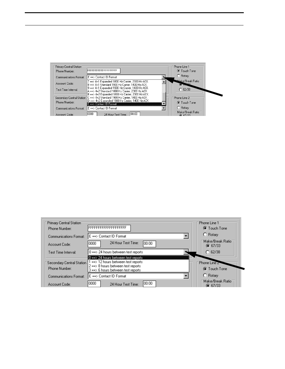 Figure 5-14: communications format, Figure 5-15: test time interval | Fire-Lite P K-411UD Windows-Based Off-Line Programming Utility User Manual | Page 32 / 68