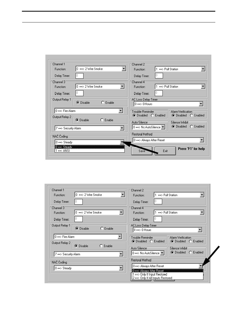 Figure 5-29: 411udac nac coding, Figure 5-30: 411udac restoral method option | Fire-Lite P K-411UD Windows-Based Off-Line Programming Utility User Manual | Page 39 / 68