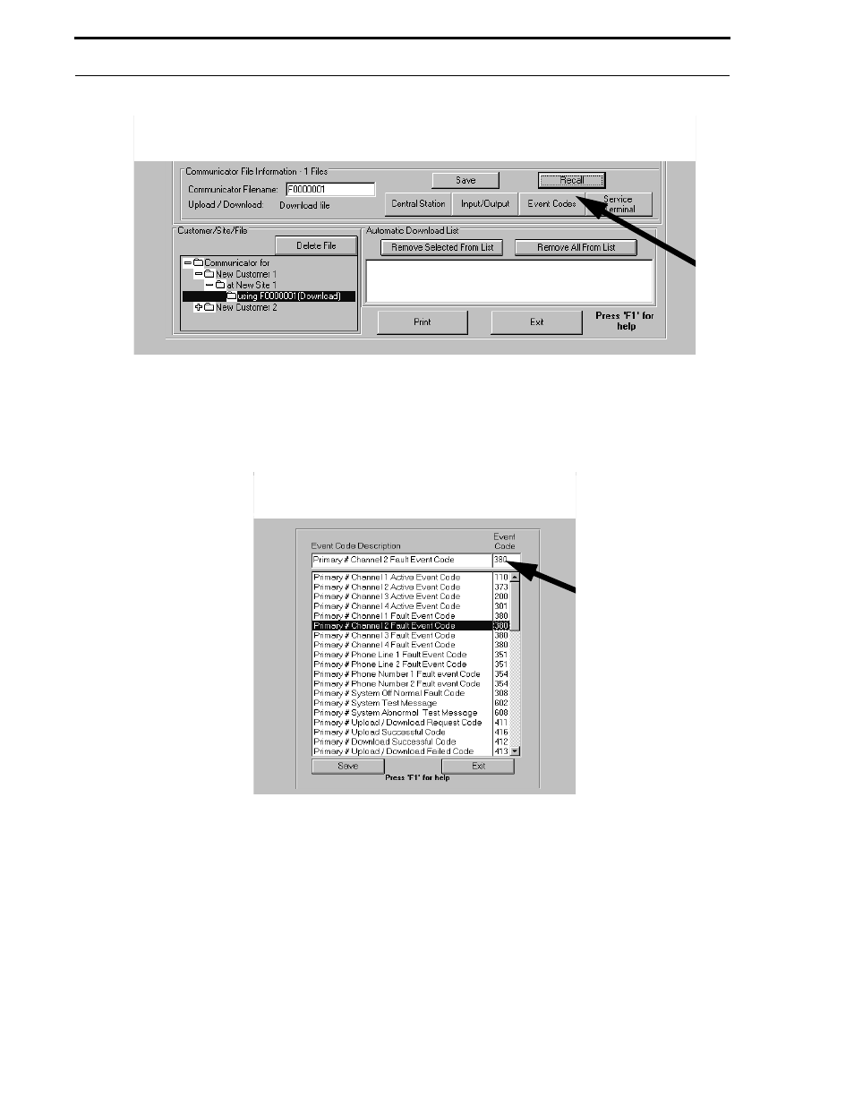 4 event code programming, Figure 5-31: customer files window - event codes, Figure 5-32: event code programming | Fire-Lite P K-411UD Windows-Based Off-Line Programming Utility User Manual | Page 40 / 68