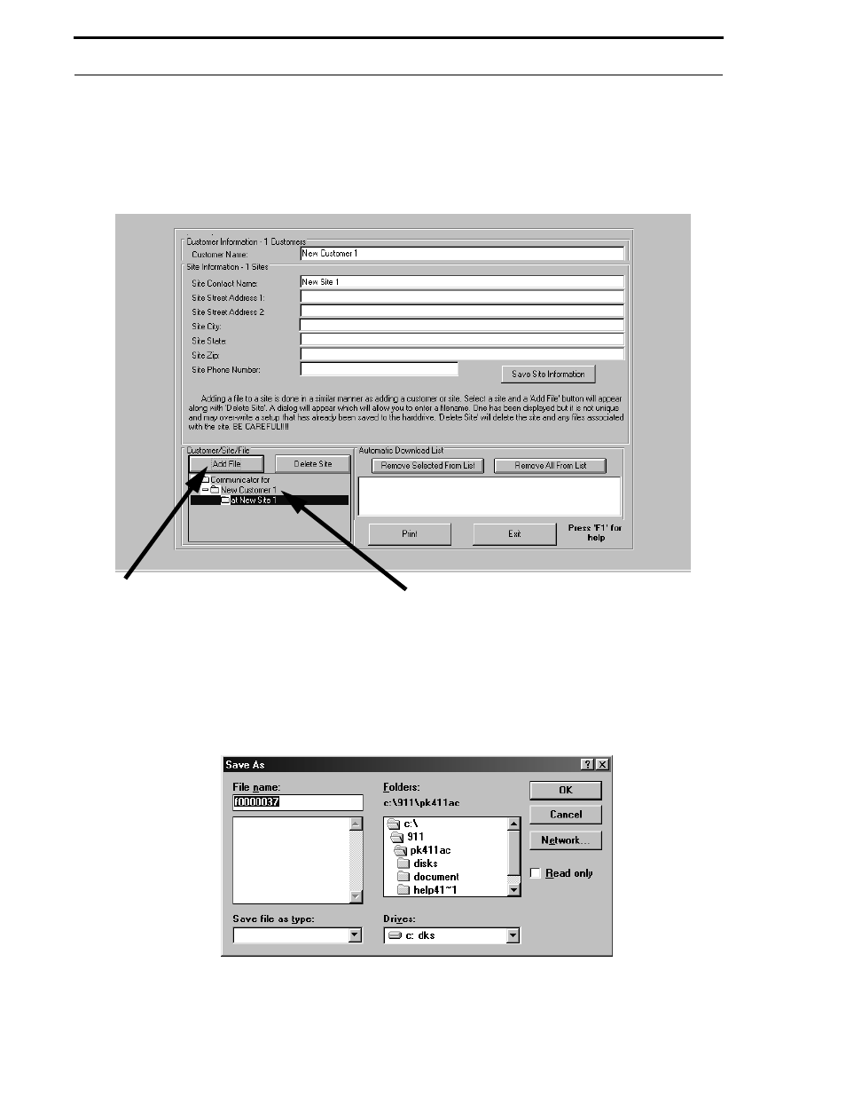 Figure 6-7: customer site information, Figure 6-8: filename selection | Fire-Lite P K-411UD Windows-Based Off-Line Programming Utility User Manual | Page 50 / 68