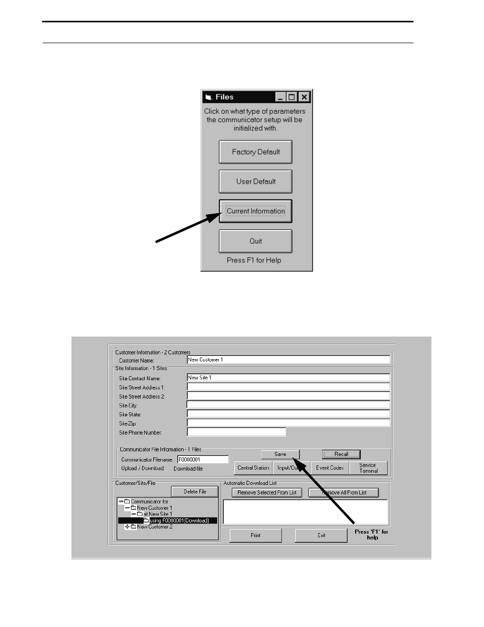 Figure 6-9: current information selection, Figure 6-10: customer window - recall file | Fire-Lite P K-411UD Windows-Based Off-Line Programming Utility User Manual | Page 51 / 68