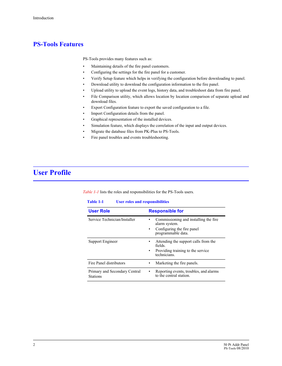 Ps-tools features, User profile | Fire-Lite PS-Tools MS-9050 User Manual | Page 10 / 101