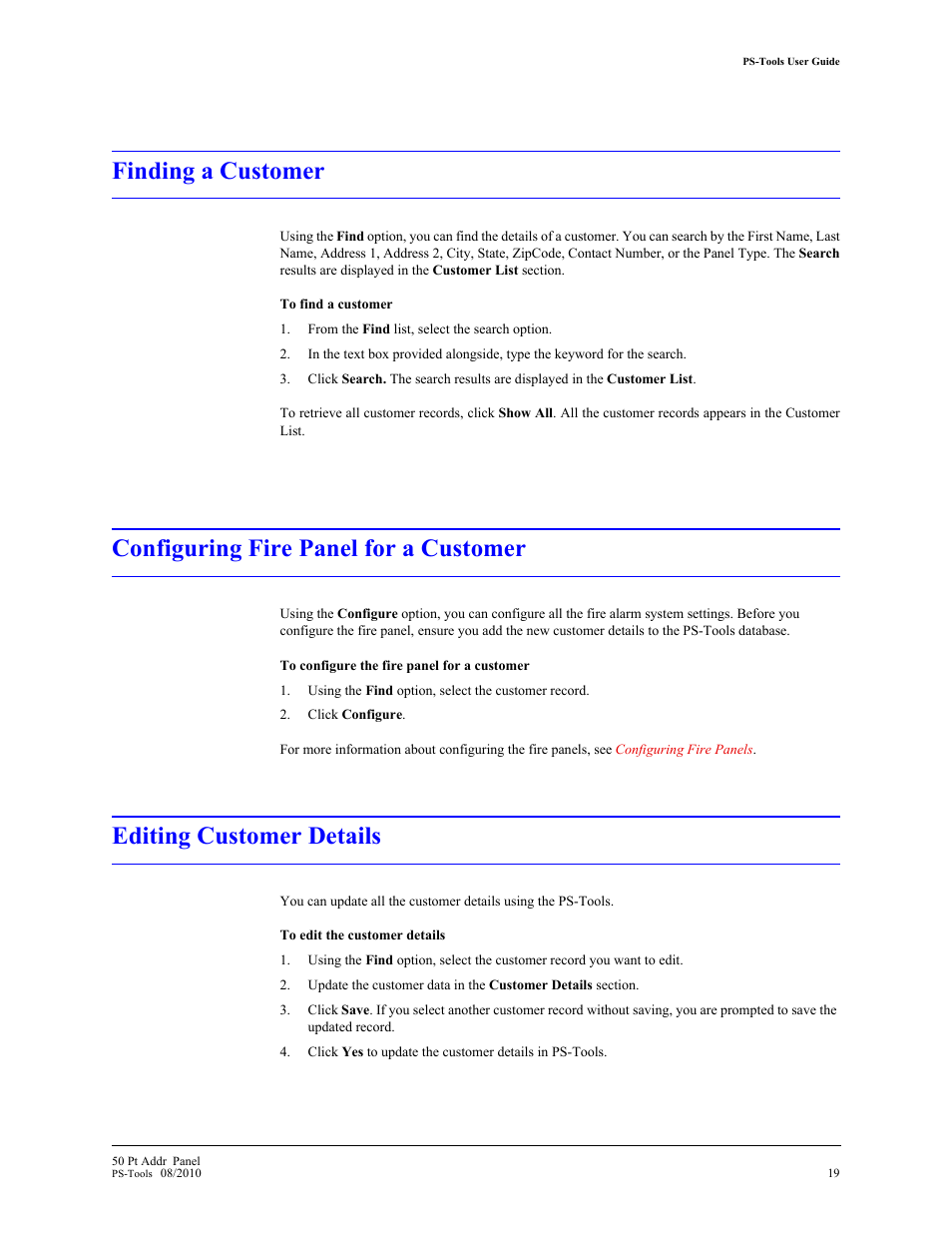 Finding a customer, Configuring fire panel for a customer, Editing customer details | Fire-Lite PS-Tools MS-9050 User Manual | Page 27 / 101