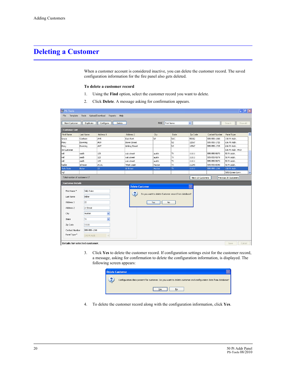 Deleting a customer | Fire-Lite PS-Tools MS-9050 User Manual | Page 28 / 101