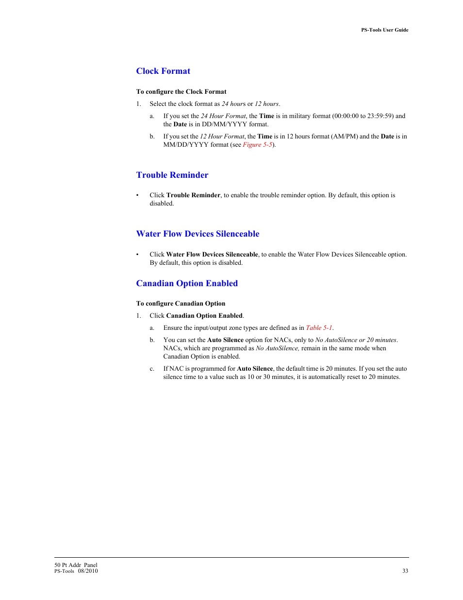 Clock format, Trouble reminder, Water flow devices silenceable | Canadian option enabled | Fire-Lite PS-Tools MS-9050 User Manual | Page 41 / 101
