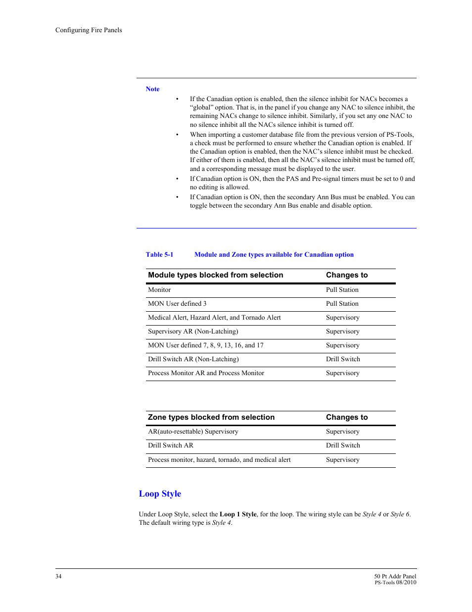 As in, Table 5-1, Loop style | Fire-Lite PS-Tools MS-9050 User Manual | Page 42 / 101