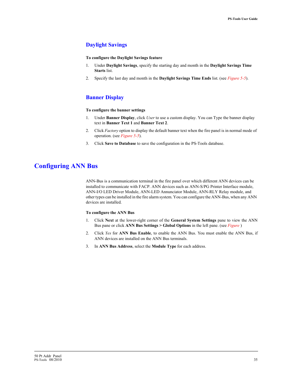 Configuring ann bus, Daylight savings, Banner display | Fire-Lite PS-Tools MS-9050 User Manual | Page 43 / 101